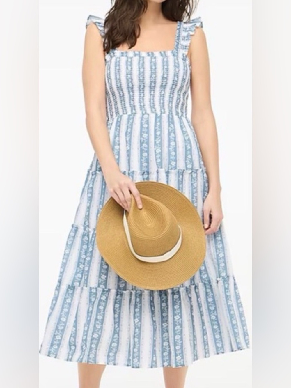 NWT J. Crew Printed Smocked Midi Dress Blue Floral Stripe M Pockets